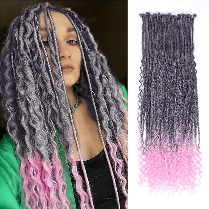 Single Dreadlock Extensions,24 Inch 30Stands Natural Black to Pink Dreads Set Synthetic Boho Braids Curly Hippie Style Dreads Handmade Dreads(24Inch Boho-30Stands,1B/Pink）