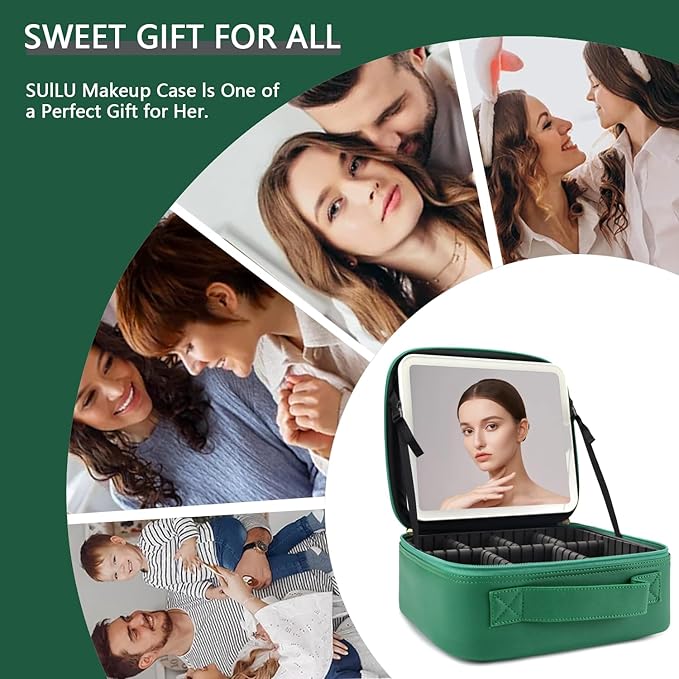 Travel Makeup Bag with LED Lighted Mirror,Cosmetics Organizer, Makeup Bag with 3 Color Lighted Setting, Portable Storage and Adjustable Dividers Travel Makeup Bag(Dark green)