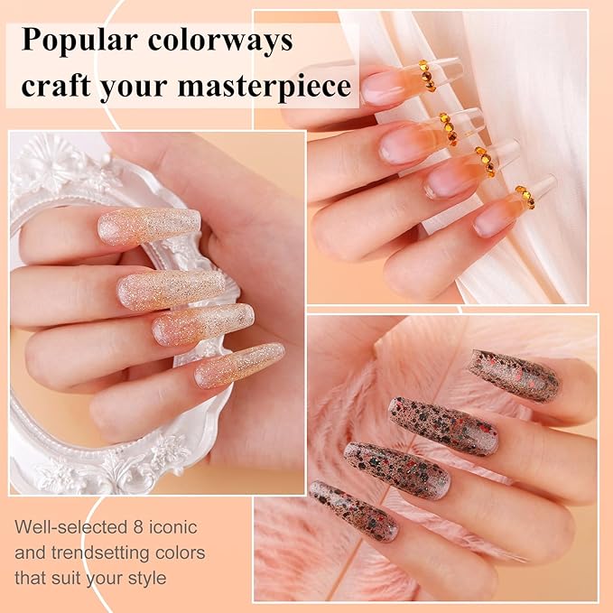 Poly Nail Gel Kit, 8 Colors Nail Extension Gel, Clear Black Gold Glitter Builder Nail Gel with 2 Gel Polish, Base and Top Coat, Slip Solution, Nail Lamp DIY Salon at Home for Women