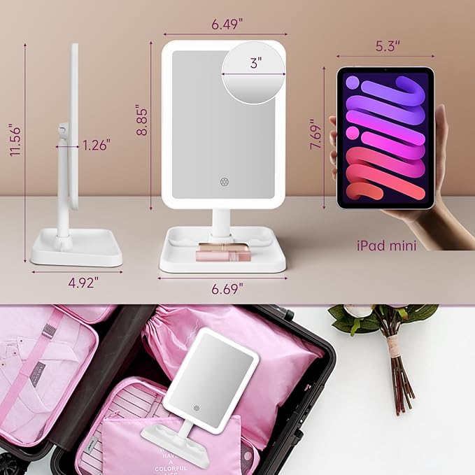 FUNTOUCH 2000mAh Rechargeable Light up Makeup Mirror with Lights,Make up Mirror with 3 Color Lights and 3.5" Detachable 10X Magnification,360°Rotation Led Makeup Mirror with Storage for Desk