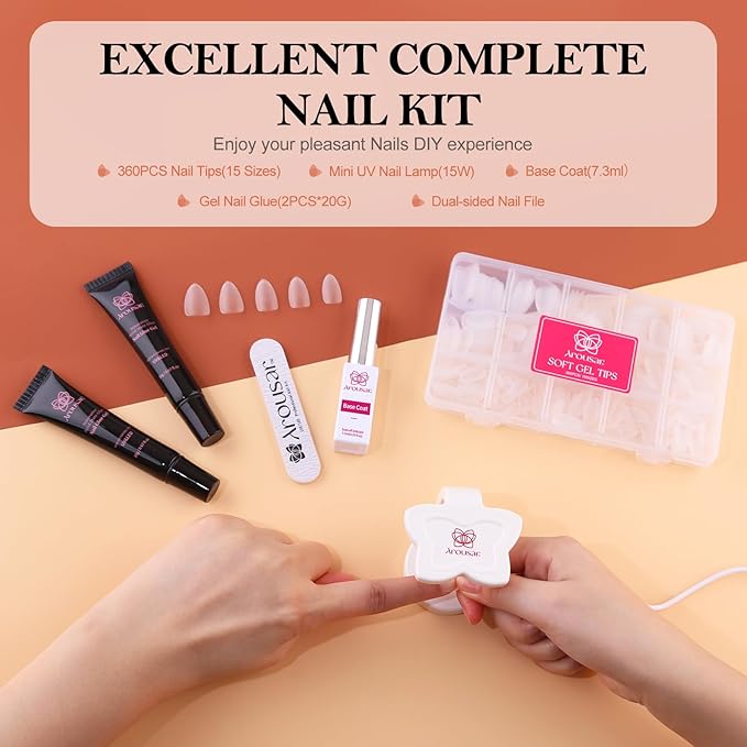 360pcs Short Almond Nail Tips Kit, Clear Acrylic Nail Extension Set in 15 Sizes, Matte Full Cover Press on False Nail Tips with 20ml*2 Glue Gel & UV Nail Lamp, Spring Summer DIY Salon Gift