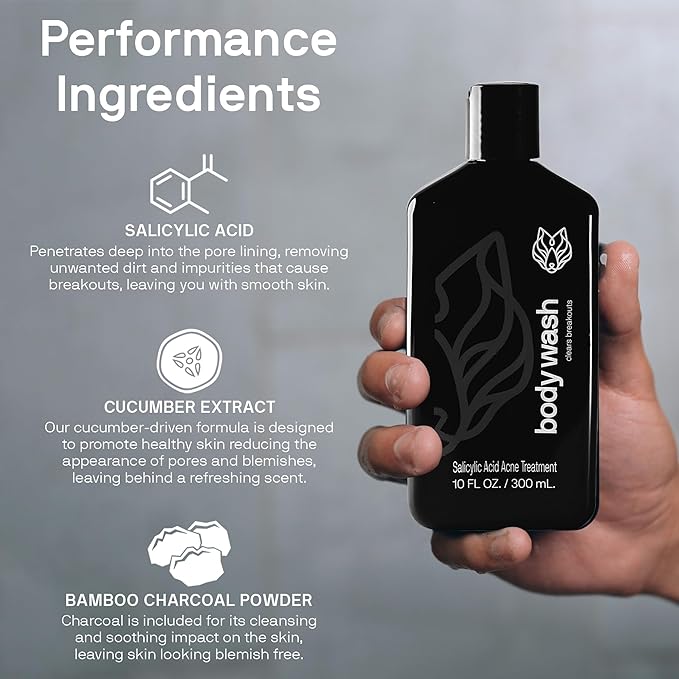 Black Wolf Charcoal Powder Body Wash Men - 10 Fl Oz Paraben-Free Mens Body Wash - Salicylic Acid Reduce Acne Breakouts and Cleanse Your Skin - Full Coverage & Deep Clean Men's Bodywash