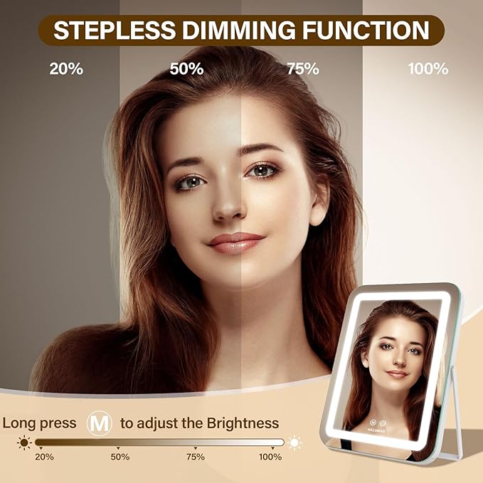 14.5" Rechargeable Vanity Mirror with Lights, 3500 mAh Lighted Makeup Mirror, Smart Touch 3 Colors Dimmable, Tabletop Mirror for Makeup Desk, Memory Function