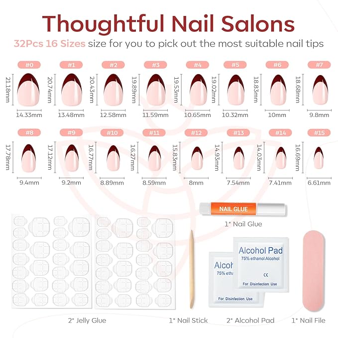 Modelones Press on Nails Almond, Short Red French Tip Fake Nails Chrome, Spring Easter Nail Kit with Nail Glue Adhesive Tabs Mini Nail File, Nails Press Ons 32Pcs 16 Sizes, Women Girl Gift