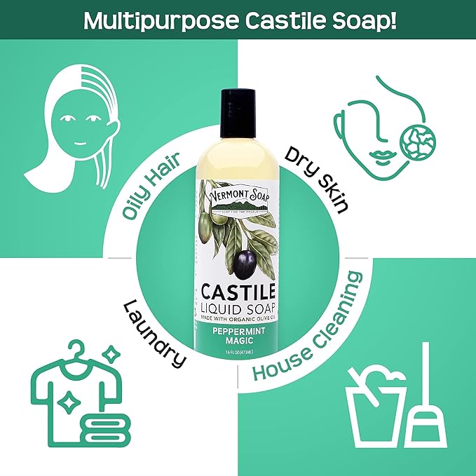 Vermont Castile Soap Peppermint, Gentle Liquid Soap for Sensitive Skin & Natural Body Wash, Organic Hair Shampoo for Oily Hair, Aloe Castile Soap for Men & Women - 16 Oz