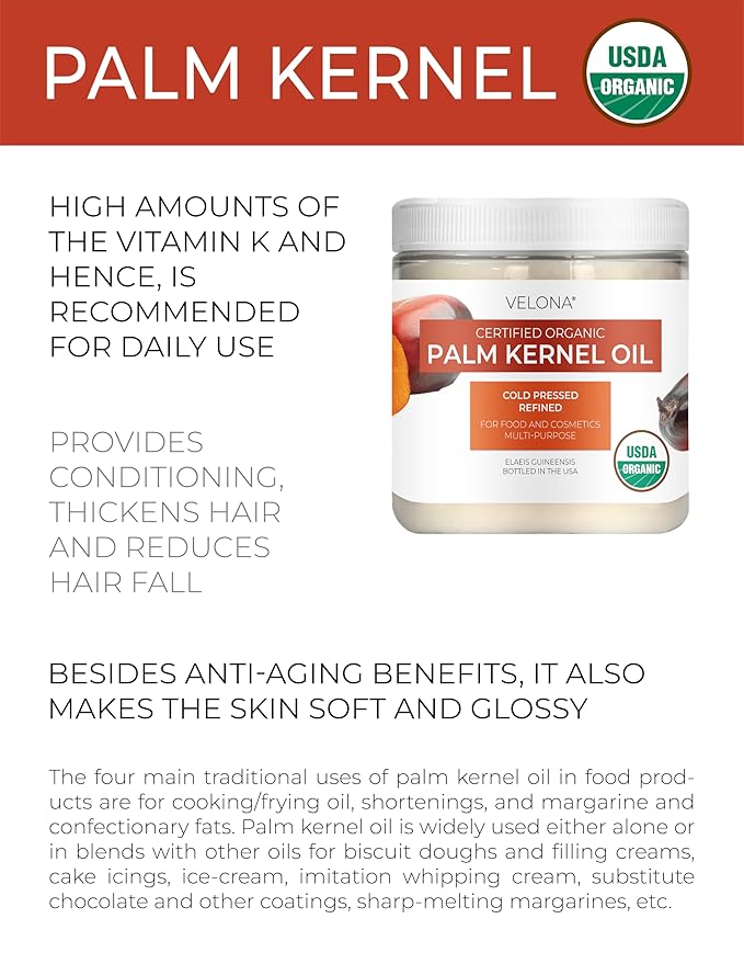 velona USDA Certified Organic Palm Kernel Oil - 4 Fl Oz | 100% Pure and Natural Carrier Oil | Refined, Cold Pressed | Face, Hair, Body & Skin Care