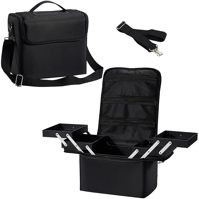 Large Makeup Case,Nail Bag with 4 Tier, Travel Makeup Box Organizer,Nail Kit Storage Tattoo Bag Make Up Case for women/Nail Art/Eyelash Extension/Tattoo/MUA, with luggage sleeve, Black