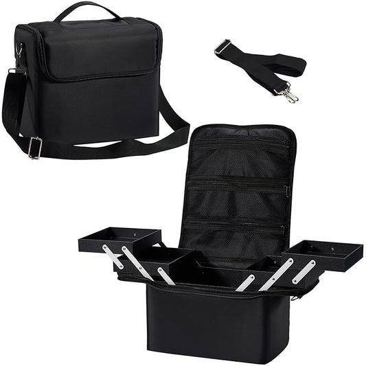 Large Makeup Case,Nail Bag with 4 Tier, Travel Makeup Box Organizer,Nail Kit Storage Tattoo Bag Make Up Case for women/Nail Art/Eyelash Extension/Tattoo/MUA, with luggage sleeve, Black