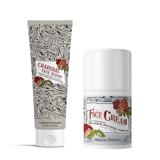 LilyAna Naturals Charcoal Face Scrub 3 Oz and Face Cream 1.7 Oz Bundle - Anti-Aging Facial Exfoliator and Face Cream, Face Moisturizer For Dry Skin, Rose and Pomegranate Extracts - for Women and Men