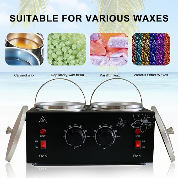 Black Double Pots Wax Warmer Professional Melted Wax Beads for Hair Removal,Fast Electric Wax Heater with Adjustable Temperature Set for Women (Black-Double Pots)