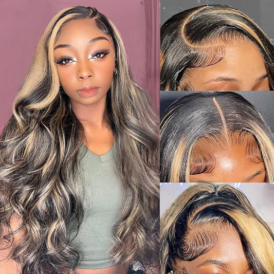 32 Inch Ombre Lace Front Wig Human Hair Pre Plucked 200% Density 13x4 HD Highlight Lace Front Wig Human Hair with Baby Hair Glueless Wigs Human Hair Colored Wig