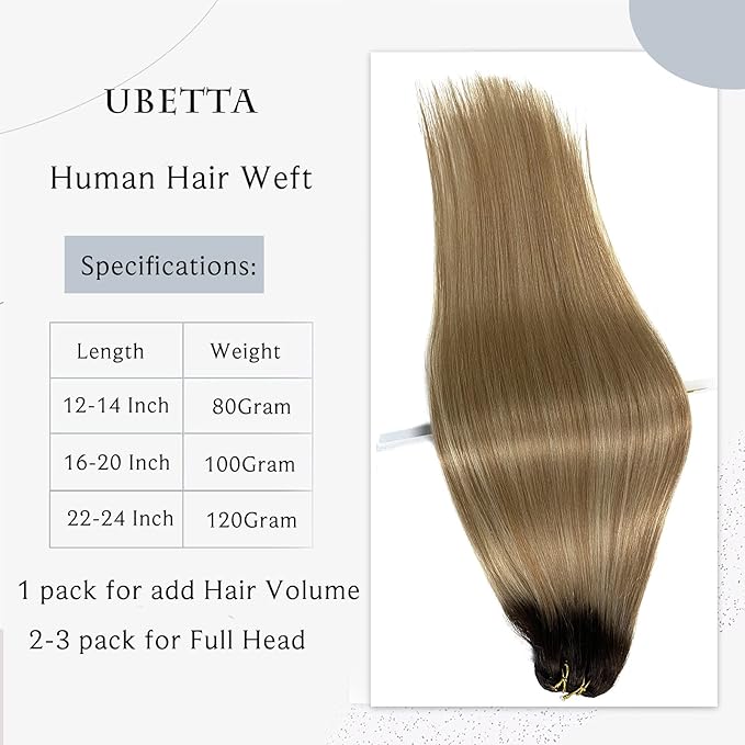 Sew in Hair Extensions Real Human Hair, 24 Inch 120G Weft Hair Extensions Human Hair, Ombre Brown Balayage Blonde Hand-Tied Weft Hair Extensions Weave Bundles Human Hair Extensions for Women