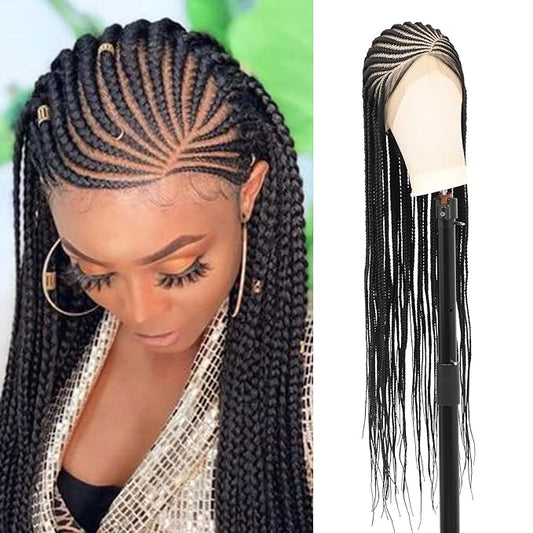 13X8 HD Lace Front Braided Wigs Cornrow Braided Wigs for Women Box Braid Wig with Baby Hair Side Parted Human Hair Blended Braided Lace Front Wigs Black 36 Inch