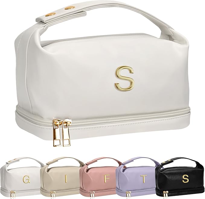 Birthday Gifts for Women, Personalized Gifts, Makeup Bags with Handle, Double Layer Cosmetic Bag, PU Leather Makeup Bags Travel Toiletry Bag, Gifts for Coworkers Teen Girls
