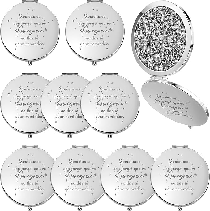 Roowest 10 Pcs Inspirational Compact Mirror Sometimes You Forget You're Awesome Appreciation Gifts for Women Mother's Day Party Favors Magnifying Pocket Mirror (White)