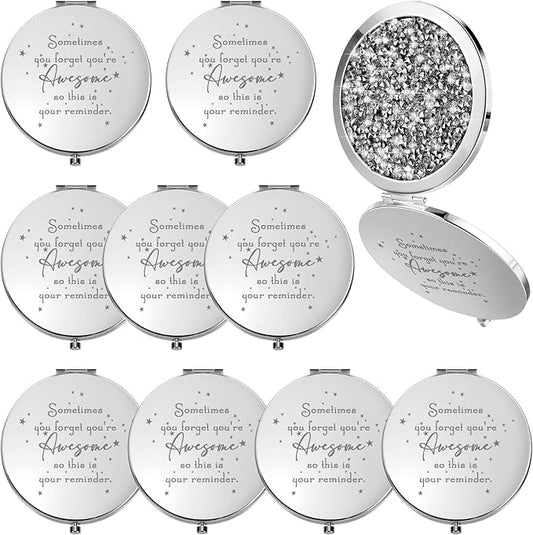 Roowest 10 Pcs Inspirational Compact Mirror Sometimes You Forget You're Awesome Appreciation Gifts for Women Mother's Day Party Favors Magnifying Pocket Mirror (White)