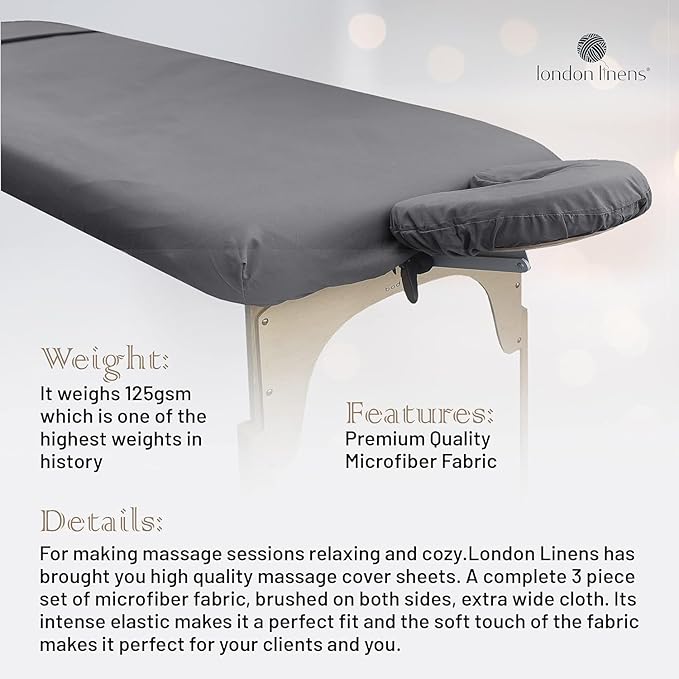 LONDON LINENS Pack of 2 Soft Microfiber Massage Table Sheets 3 Piece Set - Includes Massage Table Cover, Massage Fitted Sheet, and Massage Face Rest Cover (Grey)