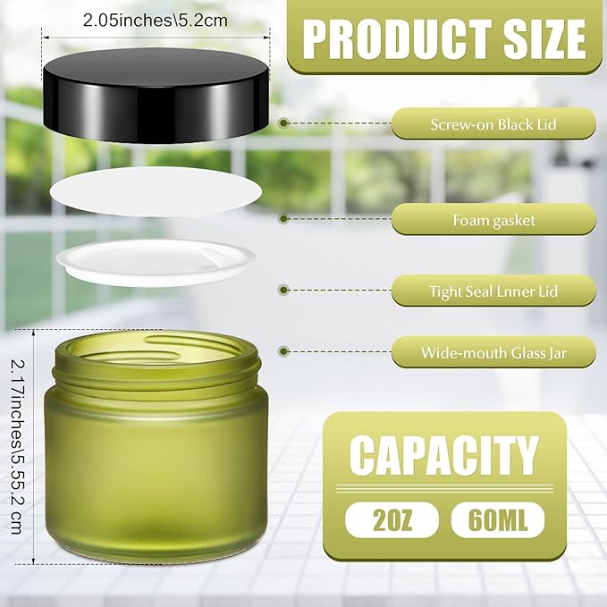Domensi 32 Pcs 2 oz Glass Jars with Lids Travel Size Round Leakproof Empty Cosmetic Jars with Inner Liners Lid for Storing Makeup Lotions Face Cream Ointments Candle DIY Making(Pea Green)