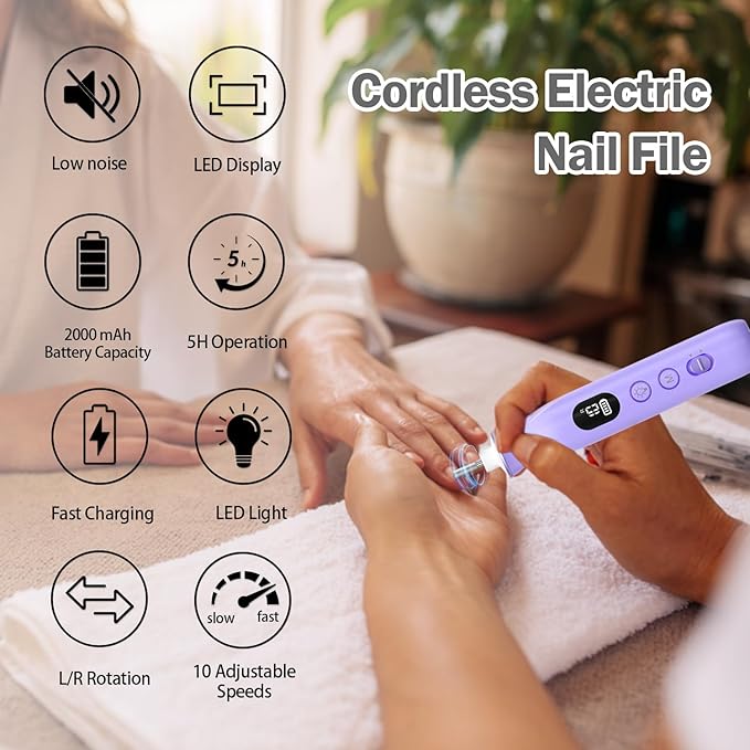 Cordless Electric Nail File Set, 10 Speeds Professional Manicure Pedicure Kit with LED Light & LCD Screen, Portable Nail Drill for Natural & Acrylic Nails, Human & Pet Thick Toenails (Purple)