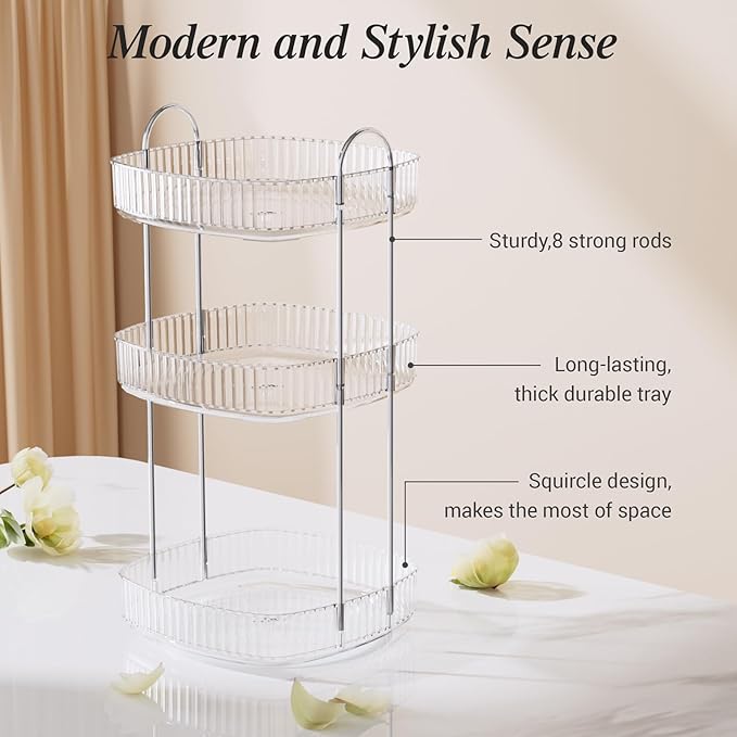 Delamu Rotating Bathroom Countertop Organizer, Large Capacity 3-Tier Multi-Function Storage for Cosmetics, Skincare, and Perfume, Makeup Organizer Countertop Ideal for Dresser, Bathroom,Vanity, Clear