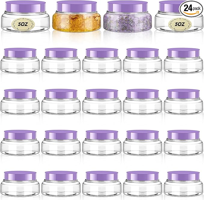 Tessco 24 Pack Plastic Jars with Lids Labels Empty Clear Plastic Jars Round Refillable Cosmetic Containers Body Butter Containers Bulk Sugar Scrub Bottle for Make Up(5 oz,Clear, Purple)