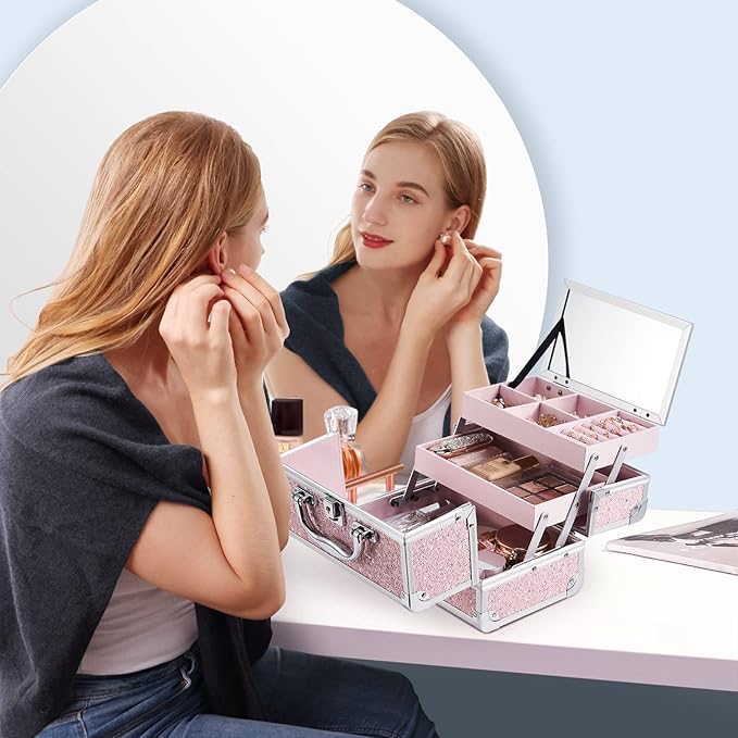 FRENESSA Makeup Case Organizer Portable Makeup Train Case Cosmetic Box with Mirror Jewerly Tray for Artist Nail Supplies Make Up Cases Organizers and Storage Vanity Cases Pink