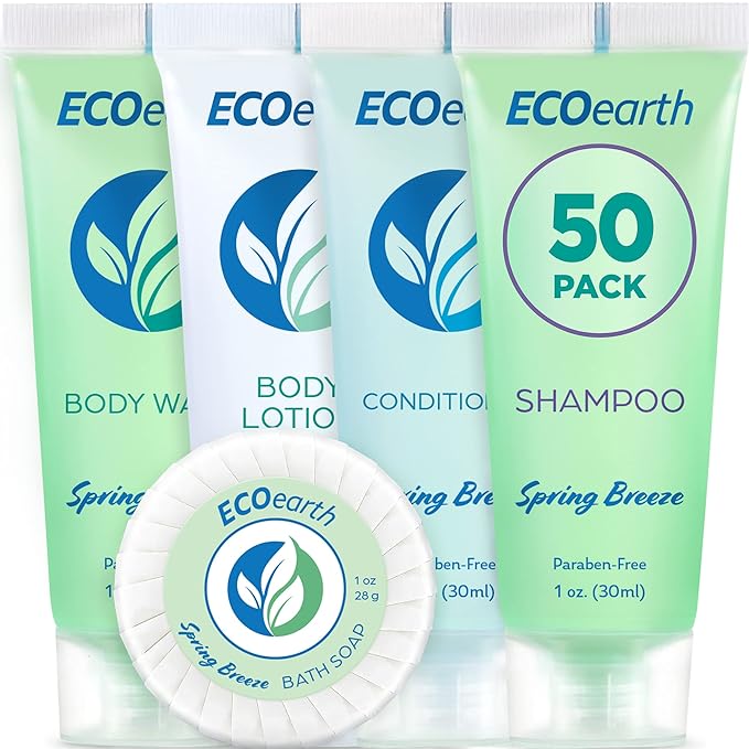 EcoEarth Hotel Toiletries Bundle (Spring Breeze, 1 oz Each, 250 Pieces) 5-Piece Set: 50 Each Round Bar Soap, Shampoo, Conditioner, Body Lotion & Body Wash - Bulk Mini Guest Amenities