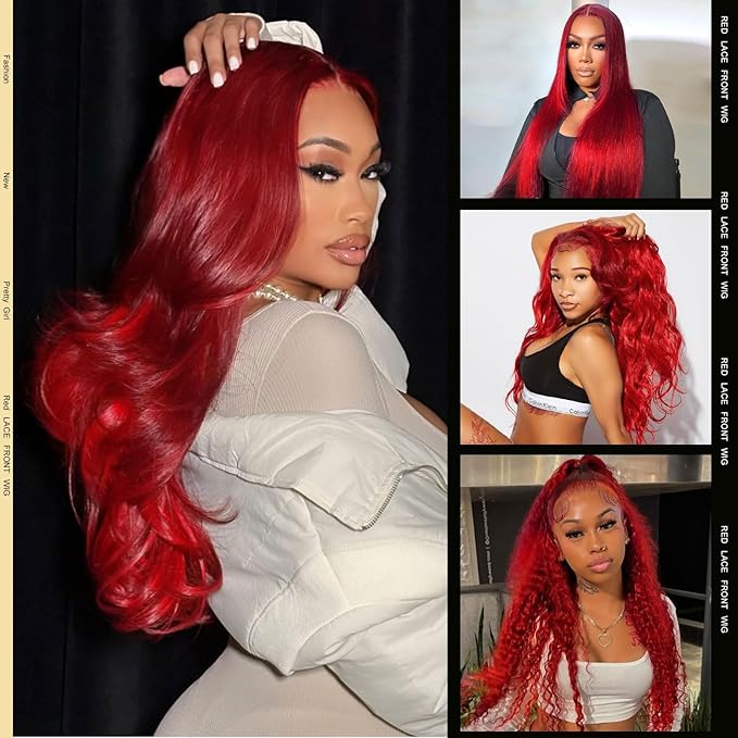 30 Inch Red Lace Front Wigs Human Hair Red Wig Human Hair 200 Density Red 13x4 HD Lace Front Wigs Human Hair Pre Plucked Body Wave Human Hair Wig Color Red Lace Frontal Wigs Human Hair