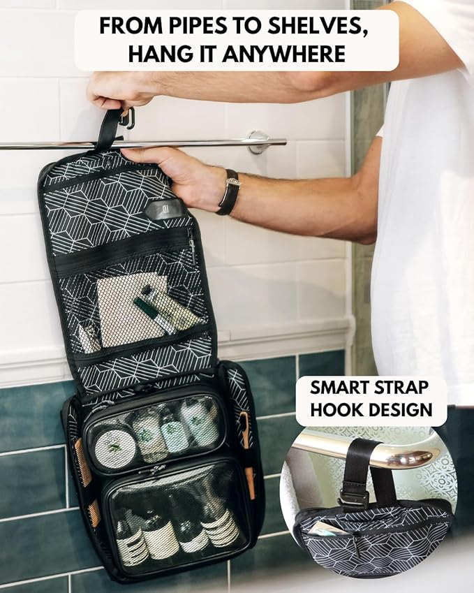 Flat Toiletry Bag for Travel. Slim Dopp Kit Organizer for Men. Hanging Mens Shaving Case with Detachable Pouches. TSA Approved. Size 11.02 x 8.46 x 1.57 inches (28 x 21.5 x 4 cm)