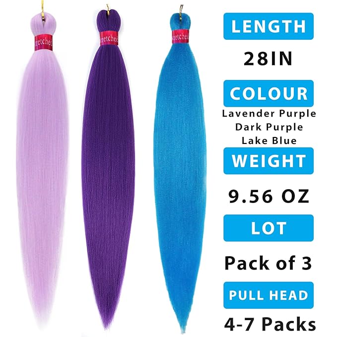 Colors Braiding Hair Pre stretched 28 Inches 3 Bundles Extensions Kanekalon Synthetic Hair Three Color Mix Diy Combinations, 1pur/3pur/lade blue