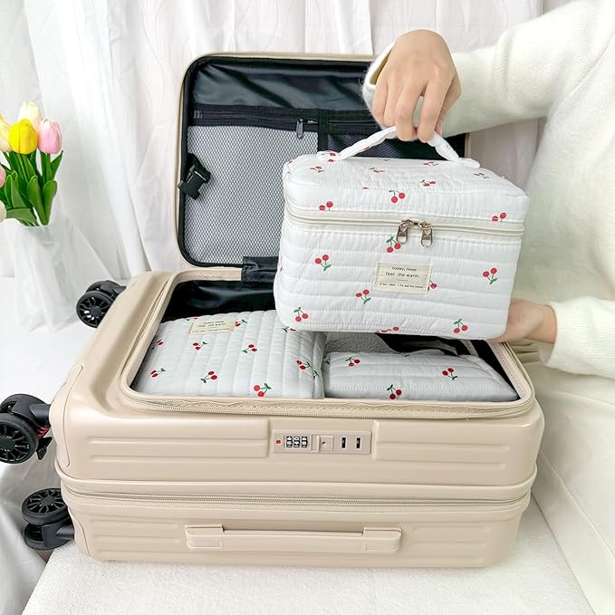 3Pcs Cotton Quilted Makeup Bag for Women Girls, Large Floral Cosmetic Bag Set Cute Makeup Brushes Aesthetic Accessories Storage Bag Cherry Travel Toiletry Bag Organizer