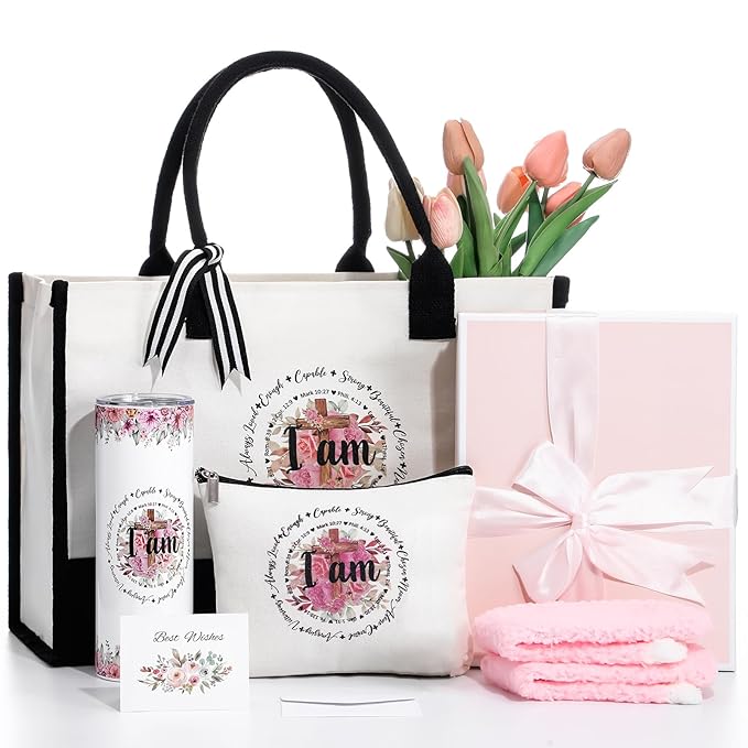 Paterr 7 Pcs Christian Gift for Women Include 20 oz Stainless Steel Tumbler Inspirational Religious Tote Bag Makeup Bag Socks Keychain Thank You Card Christian Birthday Gifts for Women(I Am)