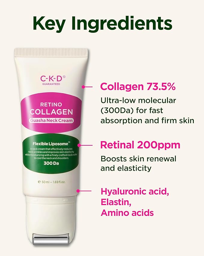 CKD Retinol Collagen Neck Cream with Gua Sha Massage Roller - Anti Aging Firming Cream for Neck & Jawline Lifting, Double Chin, and Décolleté Wrinkle Care. Korean Skincare. 1.69 fl oz