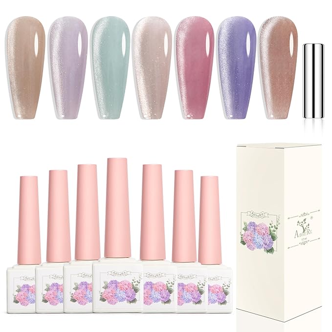Adhere 7Pcs 12ML Cat Eye Soak Off UV LED Gel Nail Polish Set, Reflective Glitter Cat Eye, Sparkling Diamond Magnetic Champagne,Light purple,Romantic Pink Color with Magnet