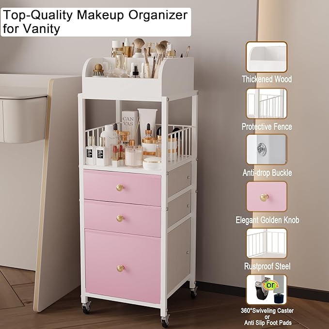Makeup Organizer Cart with Drawers, Make up Organizers for Vanity, Floor Skincare Organizers- for Cosmetics, Nail Polish, Art Supply, Bathroom Vanity Desktop Organizer (White)
