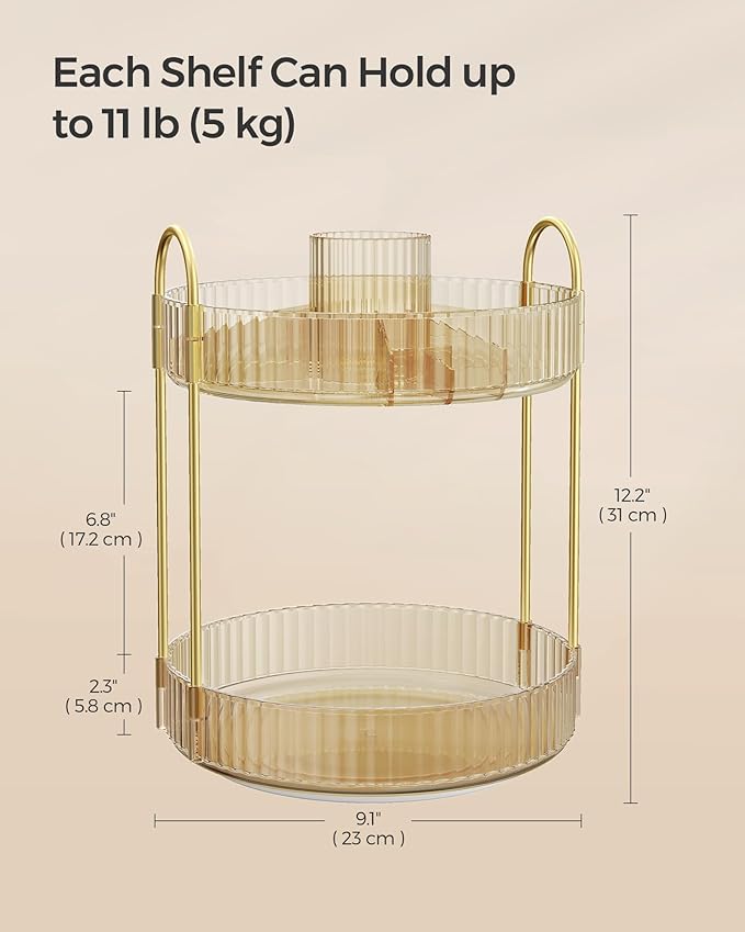 SONGMICS Makeup Organizer, 2-Tier Round Rotating Skincare Organizer Countertop, Customizable, Toiletries Vanity Organizer, Lazy Susan, Gift for Mom, Champagne Gold UJKA012A01