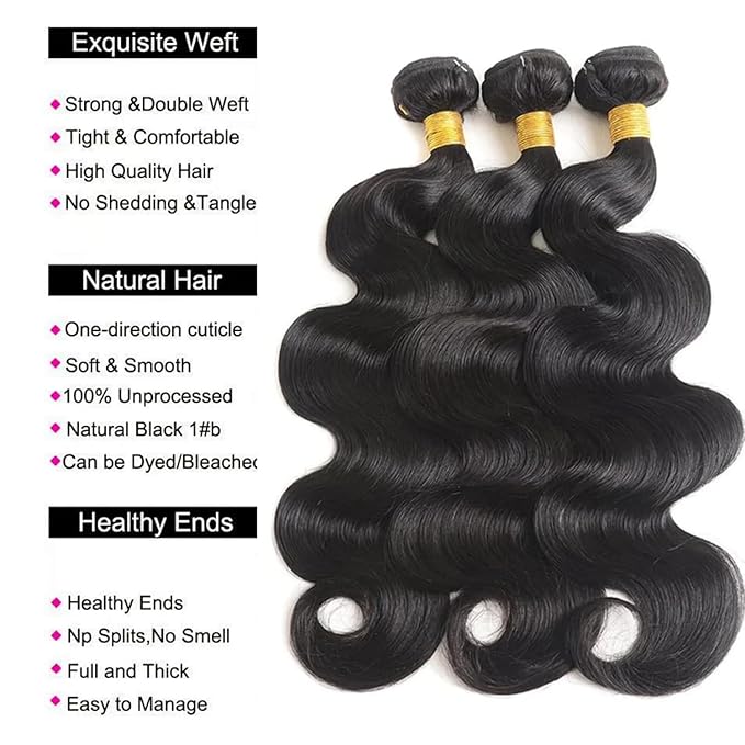 12A Human Hair Bundles 22 24 26 Inch Body Wave Bundles Human Hair 100% Unprocessed Brazilian Virgin Hair 3 Bundles Deals Weave Extensions Natural Black Color Bundle
