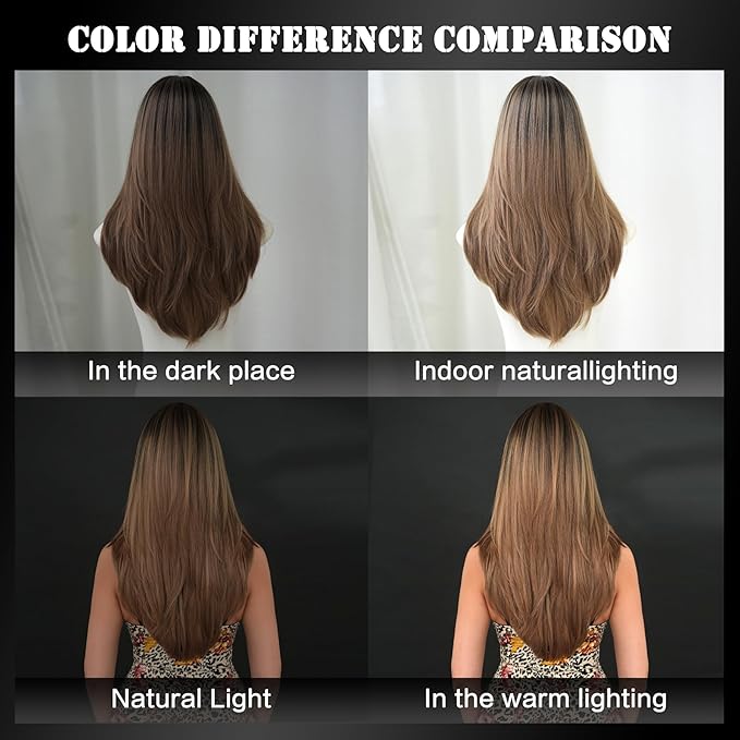 7JHH WIGS Long Blonde Brown Highlight Wig with Bangs for Women Heat Resistant Fiber 25 Inch Layered Synthetic Hair Wigs with Dark Roots for Daily Use