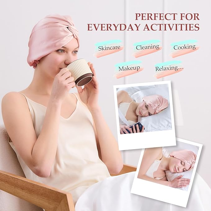 Silk Bonnet for Sleeping Women, 100% Mulberry Silk Sleep Cap with Elastic Band, Real Mulberry on Both Sides, Pink