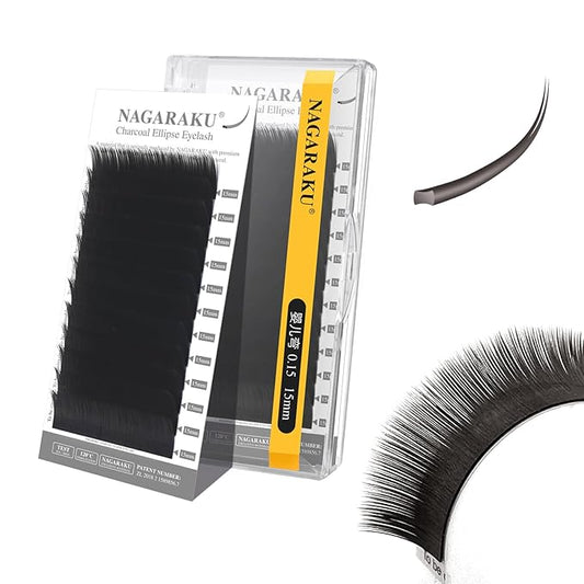 NAGARAKU Double Tips Flat Ellipse Eyelash Extensions Supplies Natural Charcoal Color Faux Mink Super Soft Split Tips Lash Individual Lashes -0.15 Baby/J Curl 15mm
