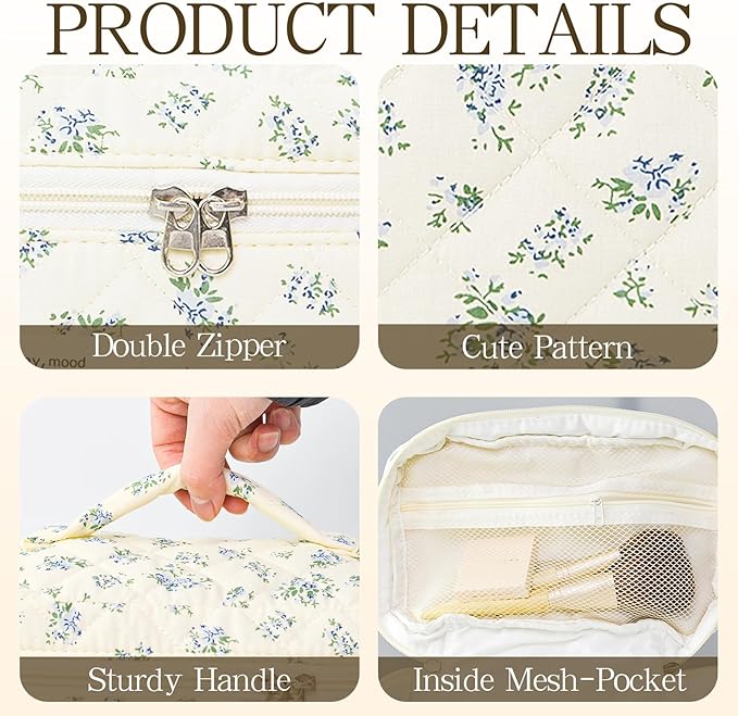 Makeup Bag, 3 PCS Quilted Makeup Bag, Cute Floral Cotton Cosmetic Bag set, Coquette Makeup Pouch Large Travel Toiletry Bag