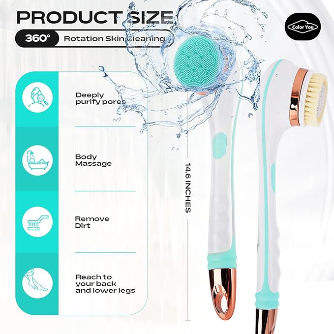 Color You Electric Body Brush for Exfoliating and Massage, Long Handle Electric Bath Brush Rechargeable Body Scrubber, Soft Silicone Spinning Skin Brush with 4 Spin Brush Heads for Man and Women