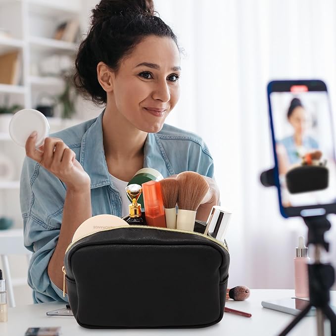 Sweetude 10 Pcs Preppy Makeup Bag Bulk Cosmetic Bag Bridesmaid Gift Wedding Day Bachelorette Party Favor Toiletry Pouch DIY PU Leather Skincare Pouch for Women(Black)