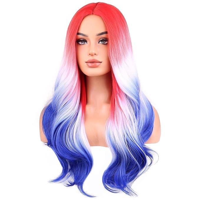 BERON 4th of July Long Wavy Wigs for Women Girls Red White and Blue Natural Curly Wig Flag Heat Resistant Synthetic Hair Wigs for Cosplay Party Costume