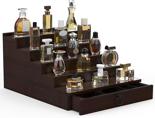 Cologne Organizer for Men, 5 Tier Cologne Shelf, Perfume Stand with Drawer and Hidden Compartment Perfume Display Holder - A Gift for Men