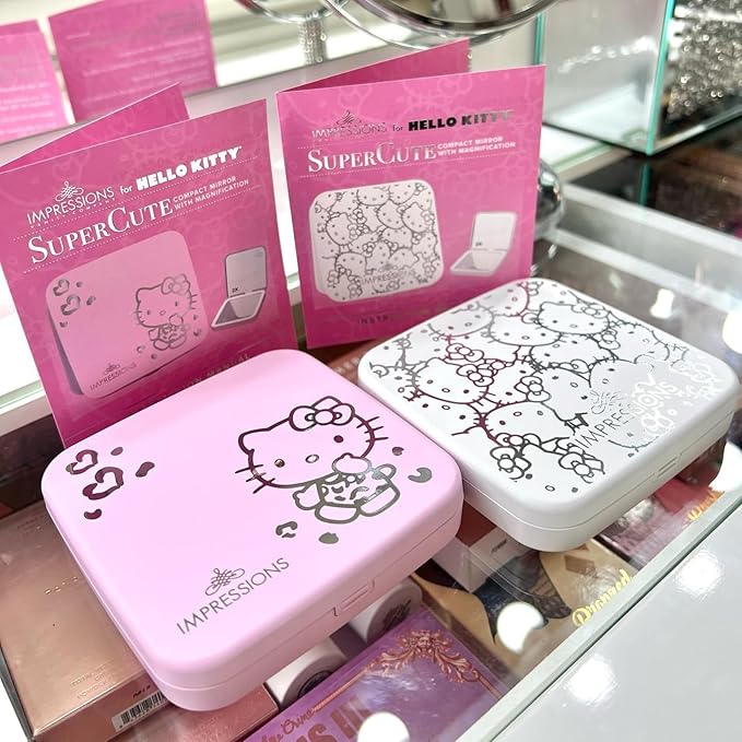 Impressions Vanity Hello Kitty Supercute Compact Mirror with Touch Sensor Switch for Adjustable Brightness, Lighted Makeup Mirror with LED Lights and 2X Magnifying Mirror Top (White)