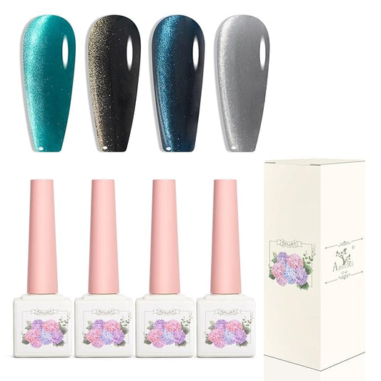 Adhere 4Pcs 12ML Glitter Cat Eye Soak Off UV LED Gel Nail Polish Set, Reflective Glitter Cat Eye, Sparkling Diamond Magnetic Shining Jewel Shine Color with Magnet