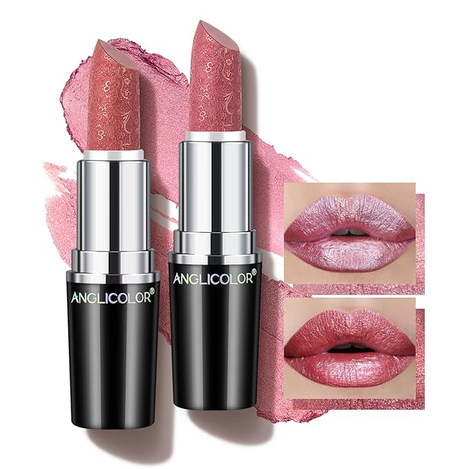 Angicolour 2-Piece Glitter Lipstick - Pink, Creamy, Moisturizing Formula - Metallic Finish - Vegan & Cruelty-Free - Full Coverage