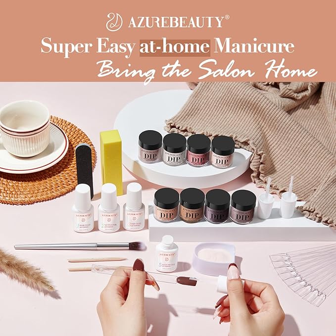 AZUREBEAUTY Dip Nails Powder Starter Kit 8 Colors with Nail Sticks, Nude Brown Giltter Shimmer Set, Nail Art Base Glossy Matte Top Coat Activator Essential Liquid Manicure DIY Salon 30 PCS