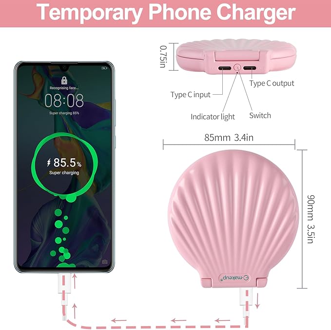 Shell Travel Mirror with Lights and 10x / 2X Magnification, Mini Makeup Mirror LED Lighted, Dimmable, Rechargeable Compact Mirror for Pocket, Patented Design Gifts for Mom/Daughter (Pink Electric)